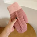 Winter warm knitted mittens detail view featuring plush cuffs and cable knit texture. - One Size / Deep Pink