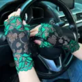 Women black green lace fingerless gloves summer driving fashion floral lace accessories - One Size / Two-tone Contrast / Green
