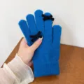 Women winter warm knit gloves solid color blue soft wool cute black bow five finger touch - One Size / Dark Blue