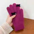 Fuchsia knitted five-finger winter gloves with chic black velvet bow details for cold weather. - One Size / Fuschia