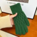Women winter knit touch screen gloves solid green warm thick fleece lined fingerless. - One Size / Green