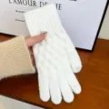 Women winter white knitted touch screen fingerless gloves solid color warm thermal mitten - One Size / White