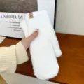Winter warm thick plush fleece mittens for women, solid color cozy double layer cute winter gloves. - White