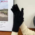 Winter warm black fuzzy knitted gloves for women, thick soft cashmere five-finger mittens chic. - One Size / Black