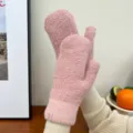 Women winter warm fuzzy mittens solid color thick plush gloves cute cozy snow wear design - Pink