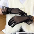 Black sheer lace mesh gloves for women, elegant summer sun protection bridal accessories. - One Size / Regular Plain / Black