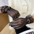 Black lace fishnet gloves with bow and rhinestone, sexy summer sun protection hollow gloves. - One Size / Black
