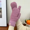 Winter warm solid color fleece mittens for women, thick double layer fuzzy gloves with tag. - Purple