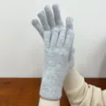Women Winter Fuzzy Gloves Light Grey Knitted Warm Five Finger Mittens Soft Solid Color - One Size / Light Gray