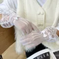 White lace mesh gloves detail, elegant bow and rhinestone decoration for women. - Small Bowknot / White