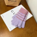 Women winter warm knitted striped gloves soft cozy thick five-finger thermal gloves - One Size / Purple