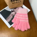 Cozy pink striped knitted gloves for women, warm winter thermal five-finger touchscreen design. - One Size / Pink