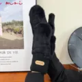 Black plush winter mittens for women, thick dual-layer faux mink fleece warm gloves detail. - One Size / Black