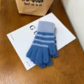 Women winter warm knit gloves, stylish blue striped touch screen half finger design for cold weather. - One Size / Blue