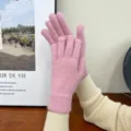 Korean pink rabbit hair knit gloves winter warm soft solid color five-finger gloves - One Size / Pink