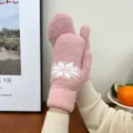 Winter warm plush mittens for women, thick fleece lined cozy snow gloves with cute snowflake pattern. - Pink