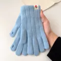 Korean style light blue knitted winter warm gloves with cute tulip label for women and men. - One Size / Blue