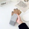 Winter touch screen knitted gloves for women, warm plush lined colorblocked striped design. - One Size / Striped - Khaki
