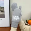 Gray fuzzy winter knit mittens with snowflake pattern warm cozy thick gloves for women variant. - Gray