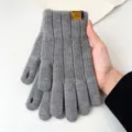 Winter warm knitted gloves for couples, thick fleece lined touch screen fingerless design style - One Size / Gray