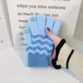 Women winter warm knitted gloves touchscreen fashion blue wave pattern cold proof thermal full finger - Sky Blue