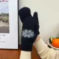 Women winter warm fleece lined mittens black thick knit gloves with cute grey snowflake pattern. - Black