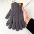 Detailed view of dark grey knitted warm winter gloves, thick and soft for daily wear. - One Size / Dark Coffee