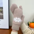 Women's winter warm fleece thickened knit mittens in camel with a cute white snowflake pattern. - Khaki