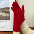 Winter women red knitted fuzzy gloves thick warm solid color five finger gloves stylish chic - One Size / Red