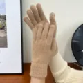 Women winter rabbit hair knitted gloves solid color thick warm touchscreen five finger mitten - One Size / Khaki