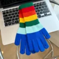 Women winter warm rainbow striped knitted gloves touchscreen fingerless wool mittens - One Size / Blue