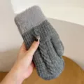 Cozy gray knitted mittens for women with plush faux fur cuff, thick winter warm gloves. - One Size / Gray