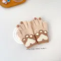 Cute cat paw knit gloves detail view, soft thick thermal winter five finger kids gloves. - 3-8 Years / Khaki