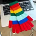 Colorful rainbow striped knit gloves detail, winter warm fingerless touchscreen gloves for women. - One Size / Red