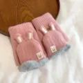 Cute winter pink rabbit knit convertible half-finger gloves detail view, warm fleece lining. - One Size / Pink