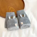 Grey winter knitted half-finger gloves with fleece lining, cute rabbit tag and flip-top design. - One Size / Gray