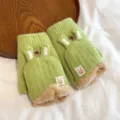 Women winter half finger convertible knit gloves with cute bunny ears and warm plush lining details. - One Size / Green