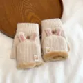 Cute rabbit design knit half finger gloves, plush lined winter warm convertible flip mittens. - One Size / Off White