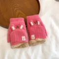 Cute winter knitted half-finger gloves for women with cute bunny ears and warm plush lining. - One Size / Watermelon red