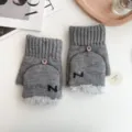 Men winter warm knit gloves half finger flip top grey fleece lined fashion cozy winter gloves - One Size / Light Gray