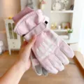 Pink windproof winter ski gloves detail, thickened fleece lined warm cycling gloves with touch screen. - Pink
