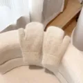Cozy women fuzzy winter mittens in warm beige, thick knit thermal gloves for cold weather. - Beige