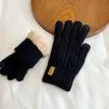 Thermal knitted gloves for couples winter fleece lined windproof touch screen black. - One Size / NLD Double Fleece-Lined Style / Black