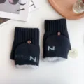 Men's winter thermal knitted convertible half-finger gloves fleece lined warm mitten - One Size / Black (Green Lettering)