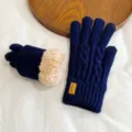 Thickened warm knitted winter gloves for couples windproof touchscreen full finger. - One Size / NLD Double Fleece-Lined Style / Navy Blue