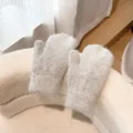Cozy rabbit hair winter mittens, thick warm knit mittens for women, cute solid color detail. - Light Gray