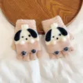 Close-up detail of cute cartoon puppy knit fingerless gloves in soft pink for winter warmth. - 4-10 Years / Khaki