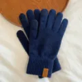 Men's winter thermal knit touchscreen gloves, solid color cold-weather cycling gloves detail view. - Navy Blue