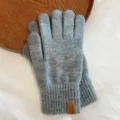Men's solid color knitted thermal gloves detail view, winter cold-proof full-finger gloves. - Light Gray