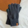 Detail view of men winter knit warm gloves solid color touch screen thermal gear. - Dark Gray